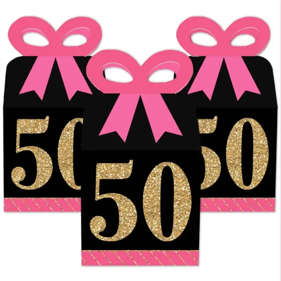 Big Dot of Happiness Chic 50th Birthday - Pink, Black and Gold - Square Favor Gift Boxes - Birthday Party Bow Boxes - Set of 12 {3}