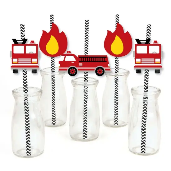 Big Dot of Happiness Fired Up Fire Truck - Paper Straw Decor - Firefighter Baby Shower or Birthday Party Striped Decorative Straws - Set of 24 {1}
