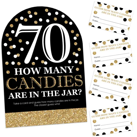 Big Dot of Happiness Adult 70th Birthday - Gold - How Many Candies Birthday Party Game - 1 Stand and 40 Cards - Candy Guessing Game {1}