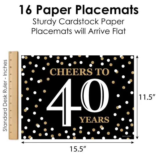 Big Dot of Happiness Adult 40th Birthday - Gold - Party Table Decorations - Birthday Party Placemats - Set of 16 {6}