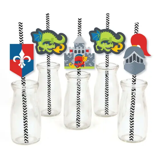 Big Dot of Happiness Calling All Knights and Dragons - Paper Straw Decor - Medieval Party or Birthday Party Striped Decorative Straws - Set of 24 {1}