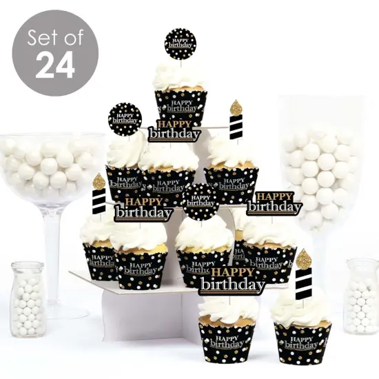 Big Dot of Happiness Adult Happy Birthday - Gold - Cupcake Decoration - Birthday Party Cupcake Wrappers and Treat Picks Kit - Set of 24 {3}