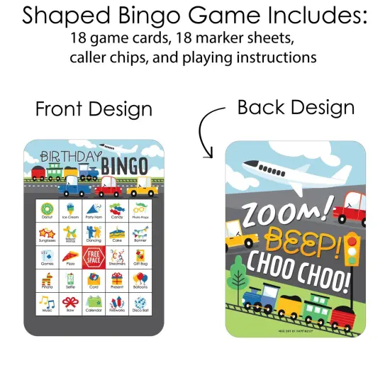 Big Dot of Happiness Cars, Trains, and Airplanes - Picture Bingo Cards and Markers - Transportation Birthday Party Shaped Bingo Game - Set of 18 {4}