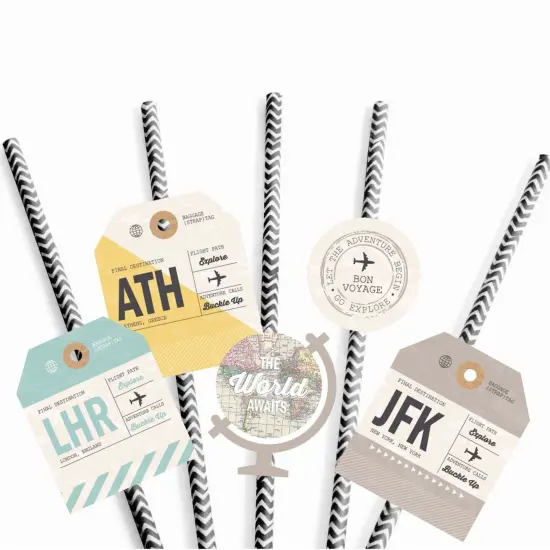 Big Dot of Happiness World Awaits Paper Straw Decor - Travel Themed Party Striped Decorative Straws - Set of 24 {7}