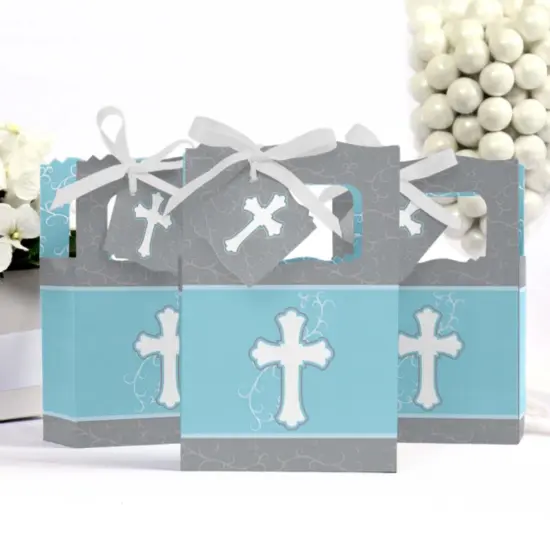 Big Dot of Happiness Little Miracle Boy Blue & Gray Cross - Baptism or Baby Shower Favor Boxes - Set of 12 {7}