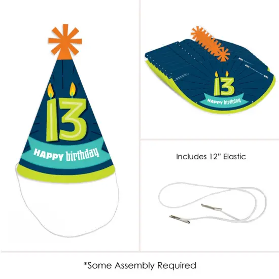 Big Dot of Happiness Boy 13th Birthday - Cone Happy Birthday Party Hats for Kids and Adults - Set of 8 (Standard Size) {6}