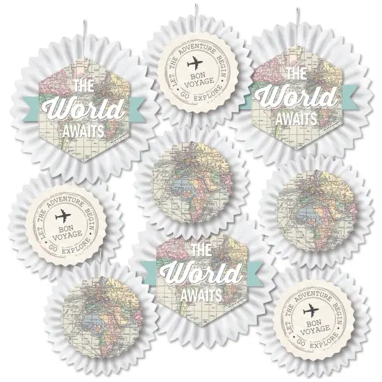 Big Dot of Happiness World Awaits - Hanging Travel Themed Party Tissue Decoration Kit - Paper Fans - Set of 9 {3}