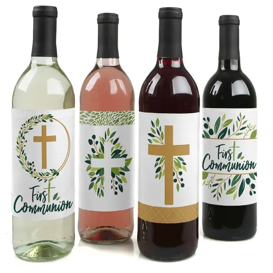 Big Dot of Happiness First Communion Elegant Cross - Religious Party Decorations for Women and Men - Wine Bottle Label Stickers - Set of 4 {1}