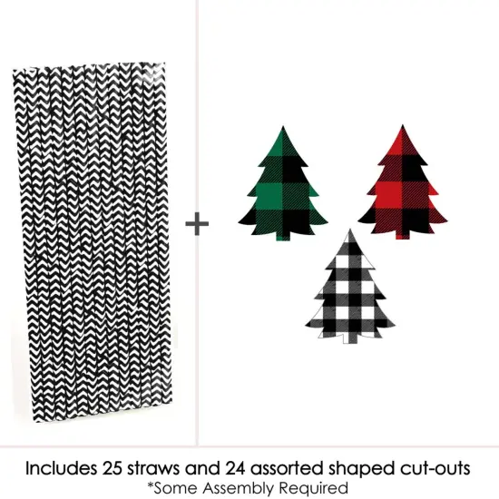 Big Dot of Happiness Holiday Plaid Trees - Paper Straw Decor - Buffalo Plaid Christmas Party Striped Decorative Straws - Set of 24 {4}