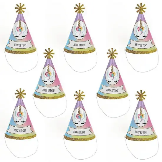 Big Dot of Happiness Rainbow Unicorn - Cone Magical Unicorn Happy Birthday Party Hats for Kids and Adults - Set of 8 (Standard Size) {7}