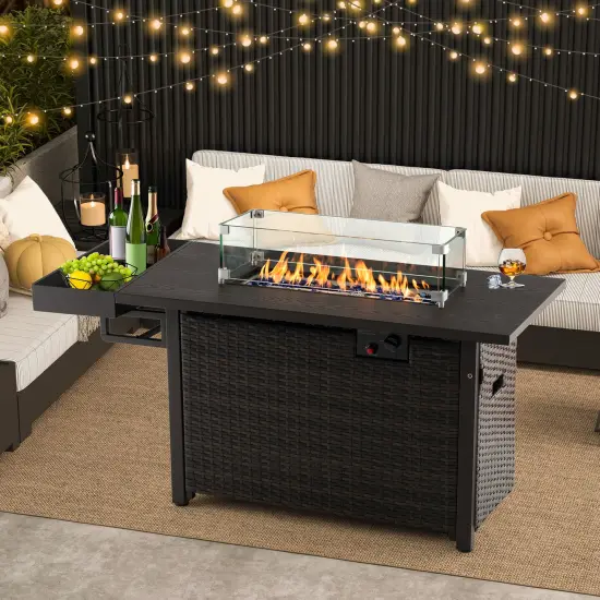 52 Inches Outdoor Wicker Gas Fire Pit Propane Fire Table with Cover Brown {5}