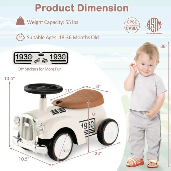 Kids Sit to Stand Vehicle with Working Steering Wheel and Under Seat Storage-White {5}