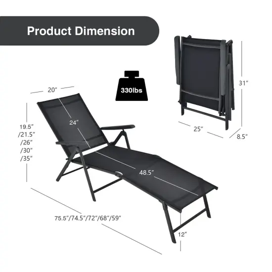 2 Pieces Foldable Chaise Lounge Chair With 2-position Footrest Black {4}