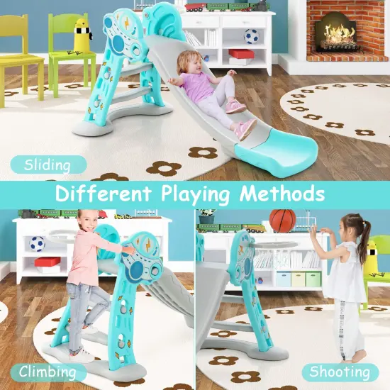 3-in-1 Folding Slide Playset With Basketball Hoop And Small Basketball Blue {5}