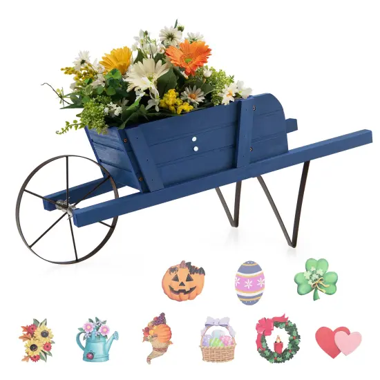 Wooden Wagon Planter With 9 Magnetic Accessories For Garden Yard Blue {3}
