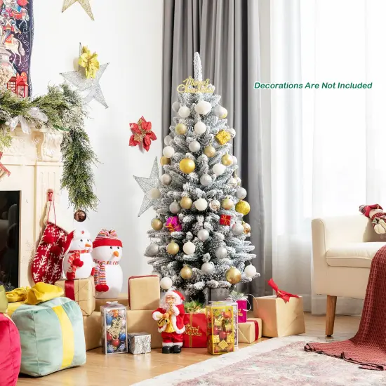 4.5ft Snow-Flocked Hinged Artificial Christmas Pencil Tree w/ 373 Mixed Tips {2}