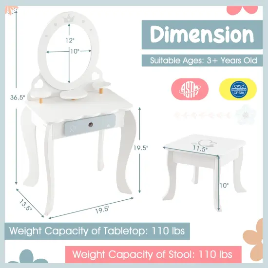 Costway Kids Vanity Set Makeup Table & Chair Sweet Accessories Included Storage Drawer {3}
