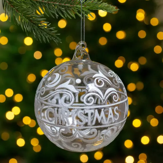 Northlight Swirled "Merry Christmas" Glass Ball Ornament 4.5" (114mm) - Clear and White {3}