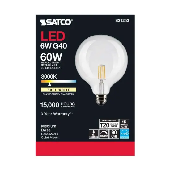 6Pk - Satco 6w G40 Globe Filament LED 3000K Medium Base Dimmable - 60w equiv Warm White {5}