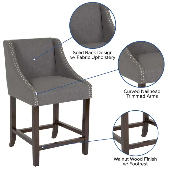 Merrick Lane Taylorsville 24 Inch Counter Height Stool with Nailhead Trim - Set of 2 Dark Gray Fabric {2}