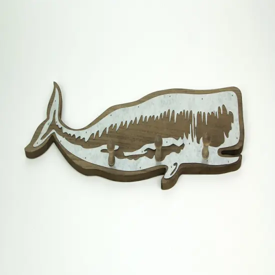 21 Inch Distressed Wood Whale Wall Hook Rack With Metal Accents {3}