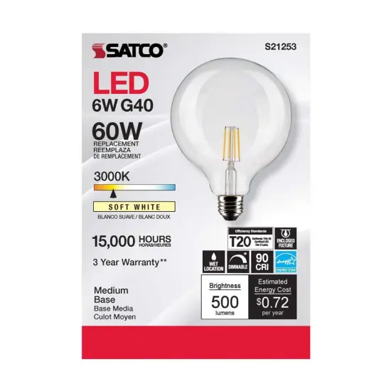 6Pk - Satco 6w G40 Globe Filament LED 3000K Medium Base Dimmable - 60w equiv Warm White {4}