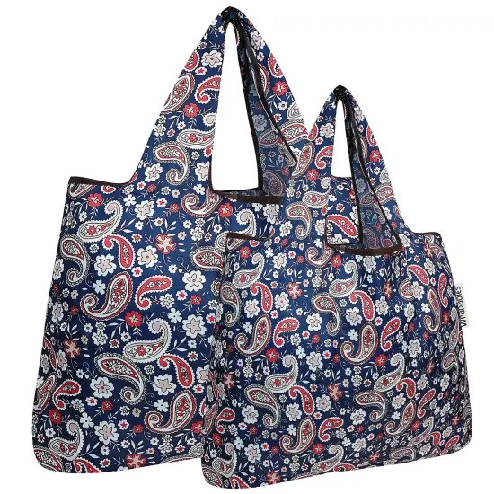 Wrapables Large & Small Foldable Tote Nylon Reusable Grocery Bags, Set of 2 Paisley Motif {1}