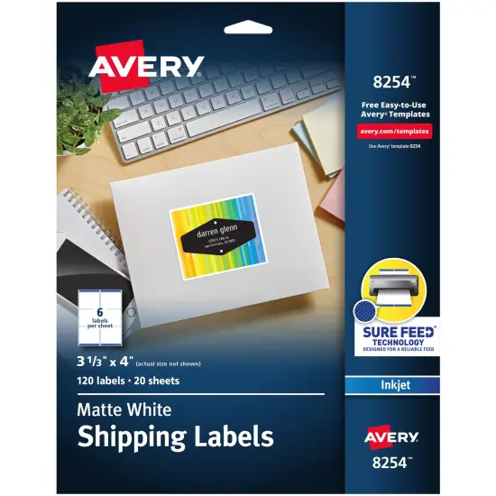 Avery White Shipping Labels, Sure Feed Technology, Permanent Adhesive,3-1/3" x 4", 120 Labels (8254) {1}