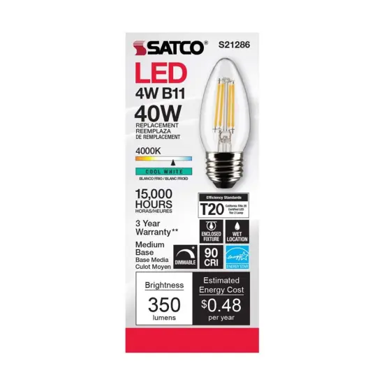 6Pk - Satco 4w B11 LED 4000K Medium Base Dimmable - 40w equiv Cool White {4}