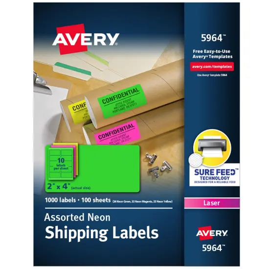 Avery 2"x 4" Neon Shipping Labels with Sure Feed for Laser Printers, Assorted: Green, Pink, Yellow Labels, 1,000 Neon Labels (5964) {1}