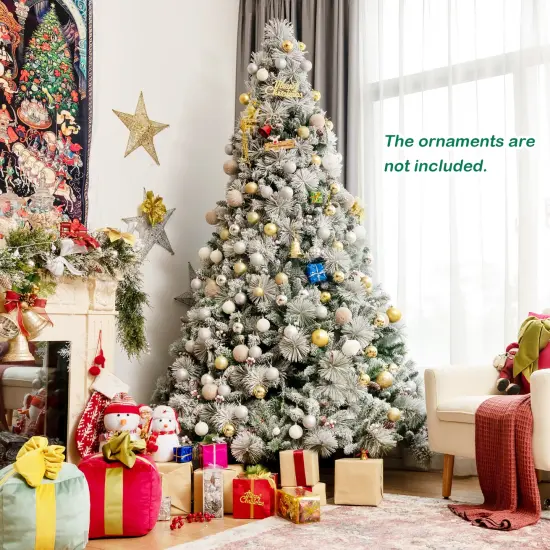 Costway 8ft Snow Flocked Christmas Tree Glitter Tips w/ Pine Cone & Red Berries {5}