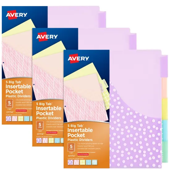 Avery Big Tab Dividers for 3 Ring Binders, 5-Tab Set, Plastic Binder Dividers with Pockets, Insertable Big Tabs, Pastel Classic Designs, Works With Sheet Protectors, 3 Sets (11255) {1}