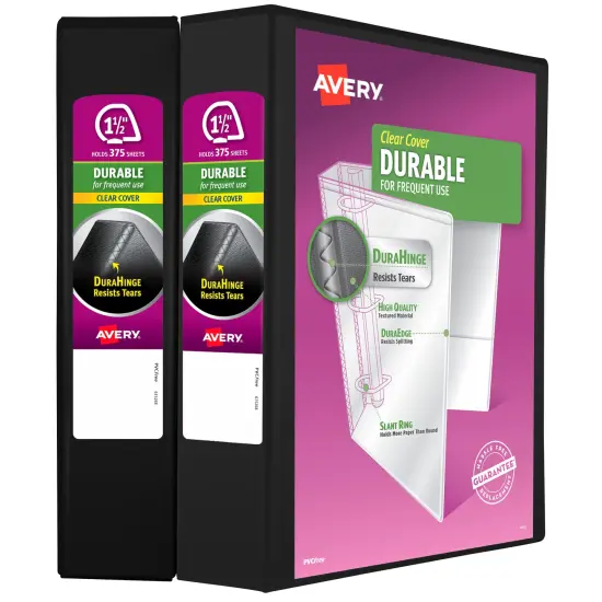 Avery Durable Clear View 3 Ring Binders, 1.5 Inch Slant Rings, 2-Pack of Black Binders (19300) {1}