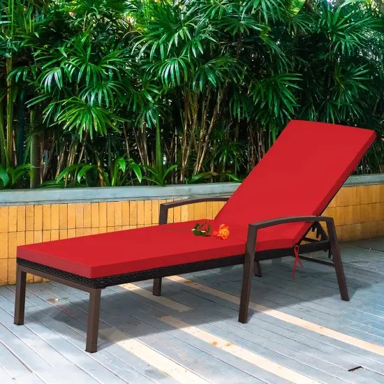 Costway Patio Rattan Lounge Chair Chaise Recliner Back Adjustable Cushioned Outdoor Red {3}