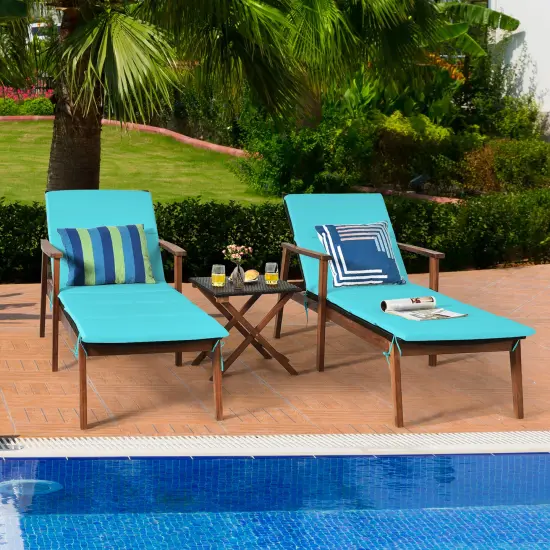 Costway 3PCS Patio Rattan Lounge Chair Folding Table Set Chaise Wood Cushioned White\Turquoise {2}