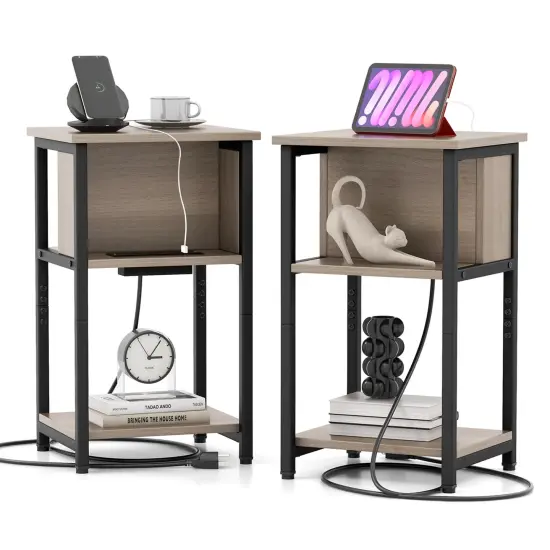 Costway 1/2 PCS Nightstand 3-Tier End Table with Charging Station USB Ports & Power Outlets Grey & Black {1}