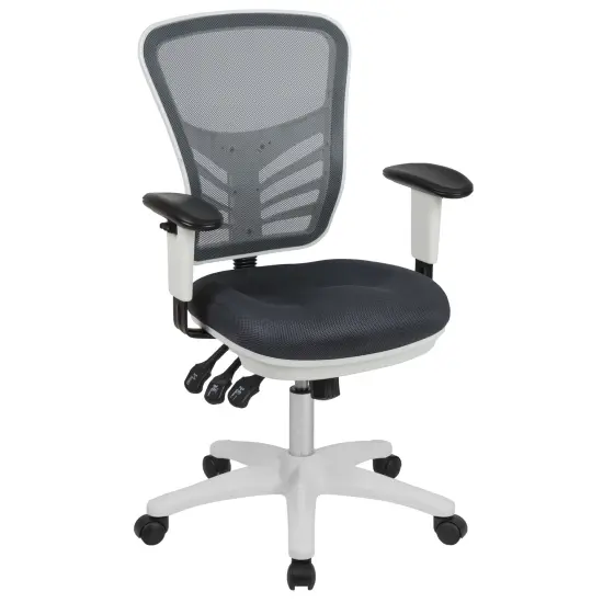Emma and Oliver Mid-Back Mesh Triple Paddle Swivel Ergonomic Office Chair with Adjustable Arms DarkGrayMesh/White {1}