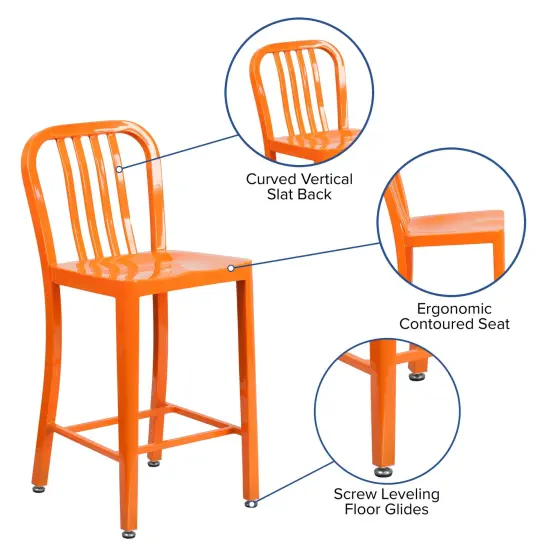 Merrick Lane Santorini Galvanized Steel Indoor/Outdoor Counter Bar Stool With Slatted Back And Powder Coated Finish Orange {2}