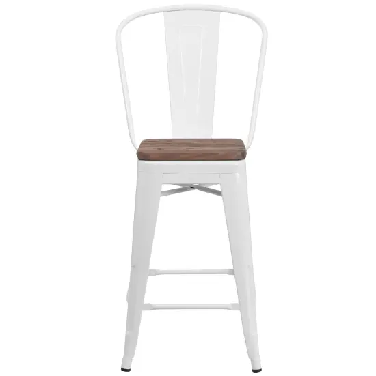 Merrick Lane Donnely Metal Dining Stool with Curved Slatted Back and Textured Wood Seat White {3}