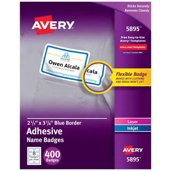 Avery Flexible Printable Name Tags, 2-1/3" x 3-3/8", White with Blue Border, 400 Removable Name Badges (05895) {1}