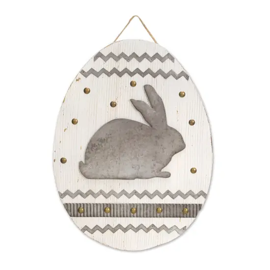 Melrose 15" White and Gray Bunny Rabbit Egg Shaped Easter Plaque {1}