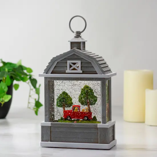 Raz 12.75" Lighted Gray Barn Snow Globe with Red Truck and Dogs {3}