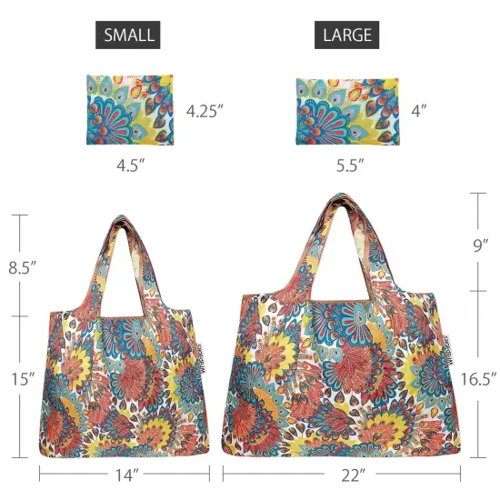 Wrapables Large & Small Foldable Tote Nylon Reusable Grocery Bags, Set of 2 Peacock {2}