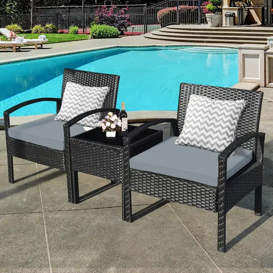 Costway 3PCS Patio Rattan Furniture Set Coffee Table Conversation Sofa Outdoor Cushioned Gray {2}