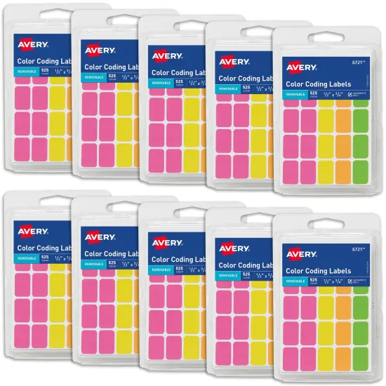 Avery Removable Color-Coding Stickers, 525 Per Pack, 10 Pack Assorted Colors, 5,250 Total (06721) {1}