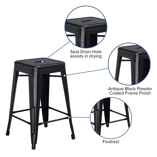 Merrick Lane Elba Series Metal Stool with Powder Coated Finish and Integrated Floor Glides Black {2}