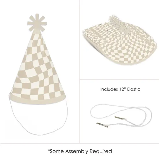 Big Dot of Happiness Tan Checkered Party - Cone Happy Birthday Party Hats for Kids and Adults - Set of 8 (Standard Size) {6}
