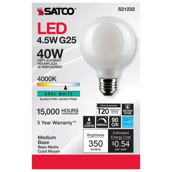 6Pk - Satco 4.5w G25 Globe LED 4000K Medium Base White Dimmable - 40w equiv Cool White {4}