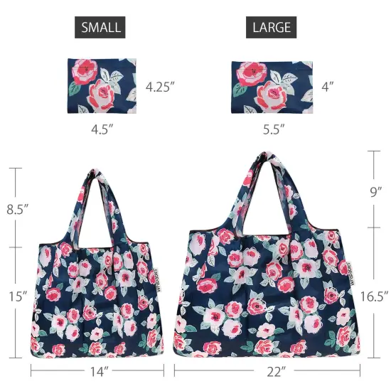 Wrapables Large & Small Foldable Tote Nylon Reusable Grocery Bags, Set of 2 Rose Floral {2}