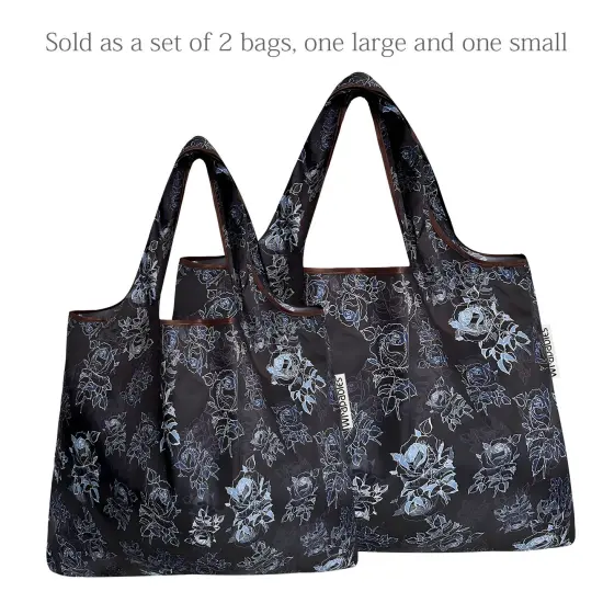 Wrapables Large & Small Foldable Tote Nylon Reusable Grocery Bags, Set of 2 Black Rose Shadow {3}